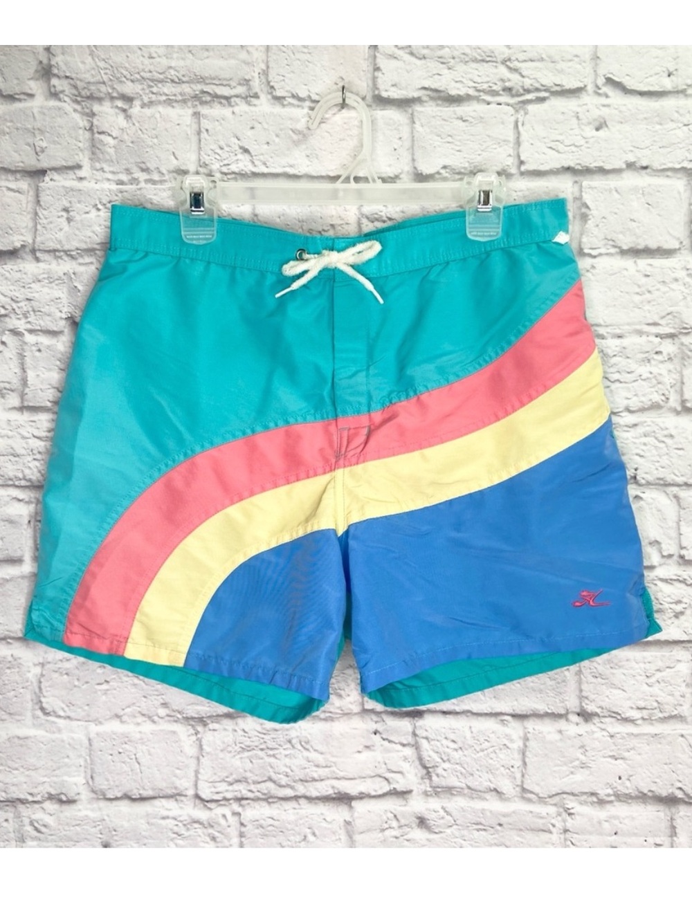 VTG Hobie Mens Retro Swim Trunks Size M Colorblock Pastel Rainbow Old School
